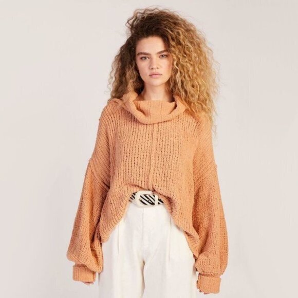 NWT Free People camel cowl neck oversize crop sweater, S - Picture 1 of 12